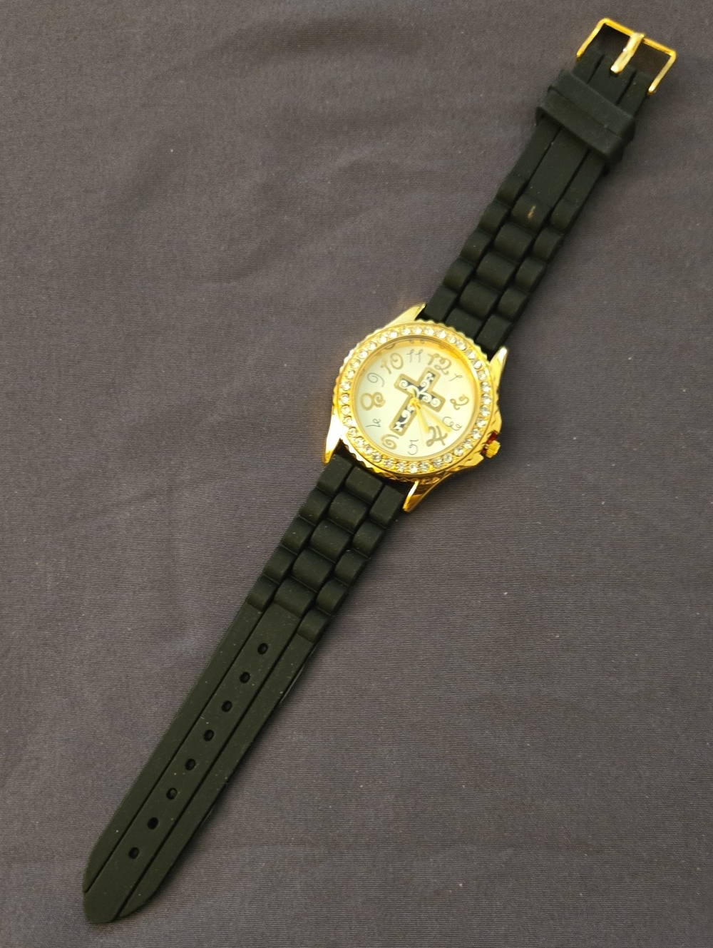 Gold-Tone Analog Watch with Black Silicone Strap